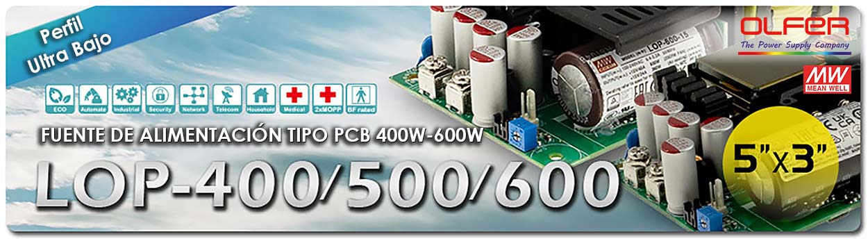 Series LOP-400/500/600: Fuentes de alimentación tipo PCB con perfil ultra-bajo de 400W/500W/600W